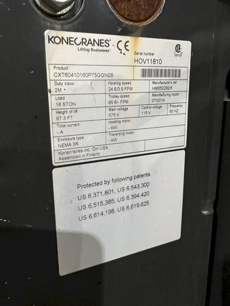 17.5 TON (2014) KONE-CRANES MODEL #CXT60410160P75GGN0S SINGLE GIRDER OVERHEAD CRANE HOIST &amp; TROLLEY: STOCK #18633