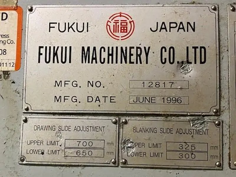 USED FUKUI 1,100 TON STRAIGHT SIDE TRANSFER PRESS MODEL TTD1100T2, Year: 1996