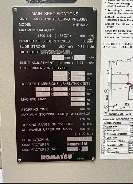 2020 KOMATSU H1F150-2 SERVO PRESS USED