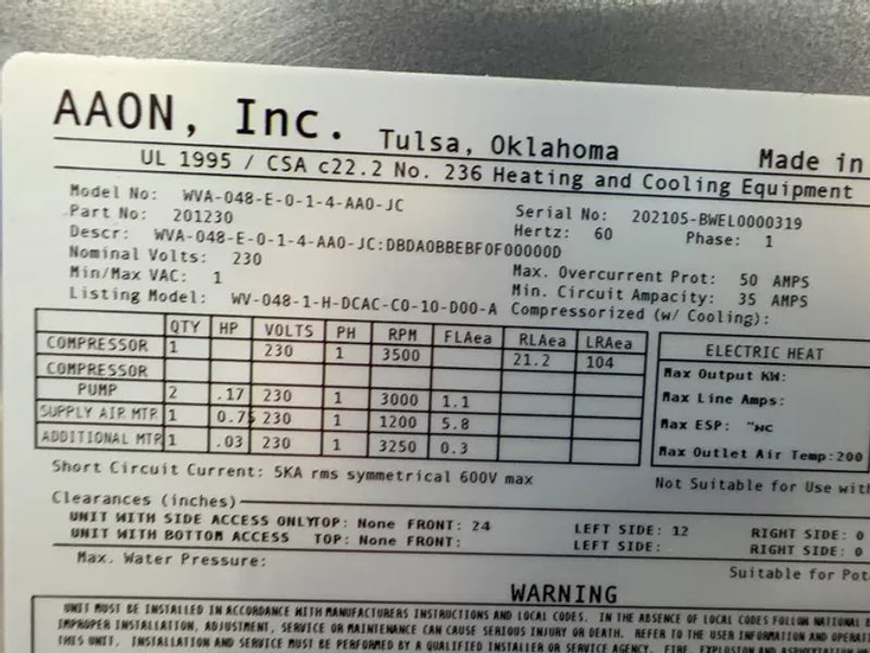 Aaon Dandelion Heat Pump - Wva-048-e-0-1-4-aa0-jc