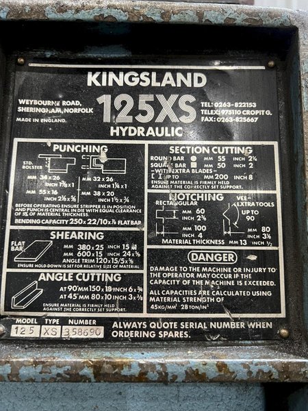 125 TON KINGSLAND MODEL #125XS HYDRAULIC IRONWORKER: STOCK #19921