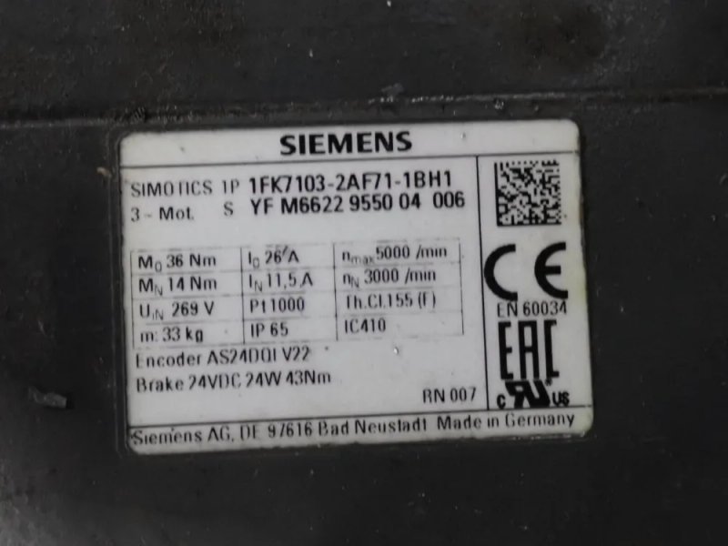 Siemens 5000 Rpm Servo Motor - 1fk7103-2af71-1bh1