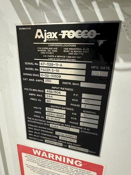 150 KW AJAX-TOCCO MODEL PACER-S10 HEAT INDUCTION POWER SOURCE, 6-10 KHZ, NEW 2008: STOCK #22586