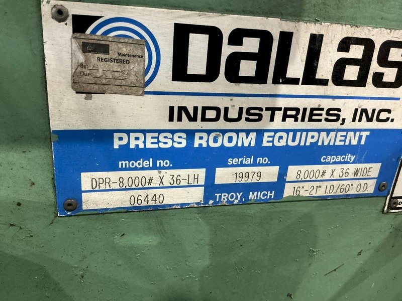 8,000 LBS X 36" DALLAS MODEL #DPR-8000-36 MOTORIZED UNCOILER COIL REEL : YOBRO #24887