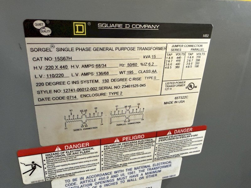 15 KVA SORGEL SQUARE D 220X440 <-> 110/220 SINGLE PHASE GENERAL PURPOSE ELECTRIC TRANSFORMER : YOBRO 26366