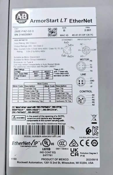 ALLEN BRADLEY 290E-FAZ-G2-3 ONLINE STARTER USED