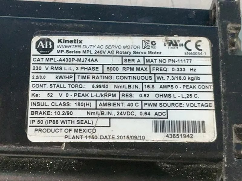 Allen Bradley  3 Hp   Series A Kinetix Inverter Duty Ac Servo Motor  - Mpl-a430p-mj474aa
