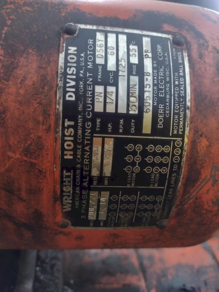 2000 LBS (1 TON) WRIGHT MODEL #W1 CABLE HOIST W/ POWERED TROLLEY: STOCK #18743