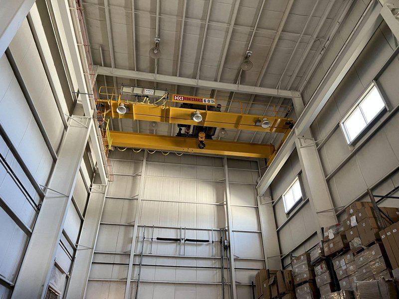 60 TON (10T AUX) x 36' KONE 8-WHEEL DOUBLE GIRDER OVERHEAD BRIDGE CRANE: STOCK #18376