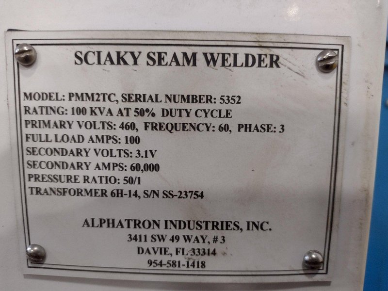 100 KVA SCIAKY MODEL #PMM2TC ROTARY SEAM WELDER. STOCK # 0951323