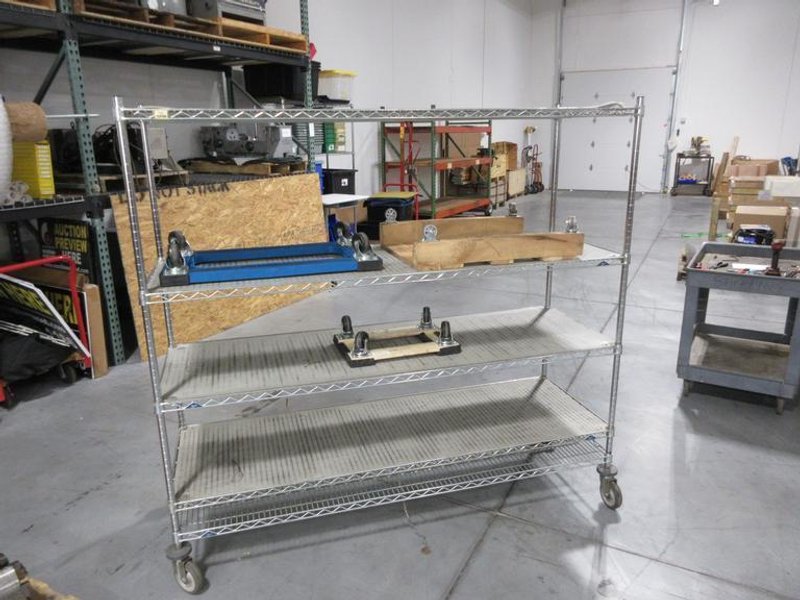 Metro Rolling Wire Shelf, with 5 Adjustable Shelfs and (2) Woodframe, (1) Plastic Frame Moving Dollies- Auction Item
