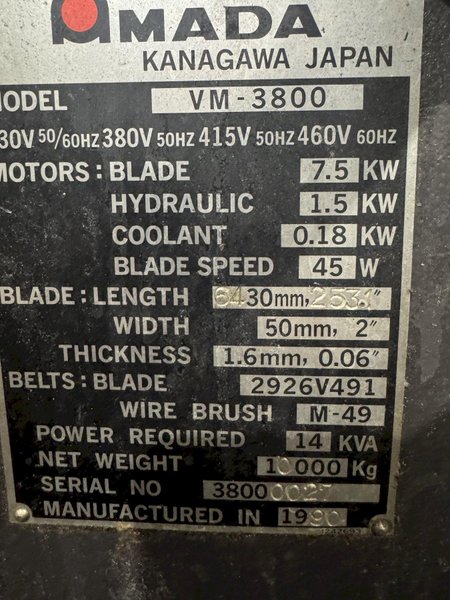 Amada Vertical Band Block/Plate Saw Model VM-3800