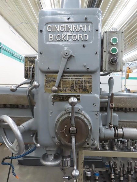 Cincinnati Bickford 4' x 9" Radial Arm Drill, Box Table, Power Elevation, Power Quill Feed, Coolant- Auction Item