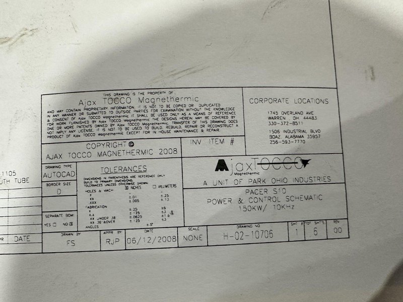 150 KW AJAX-TOCCO MODEL PACER-S10 HEAT INDUCTION POWER SOURCE, 6-10 KHZ, NEW 2008: STOCK #22587