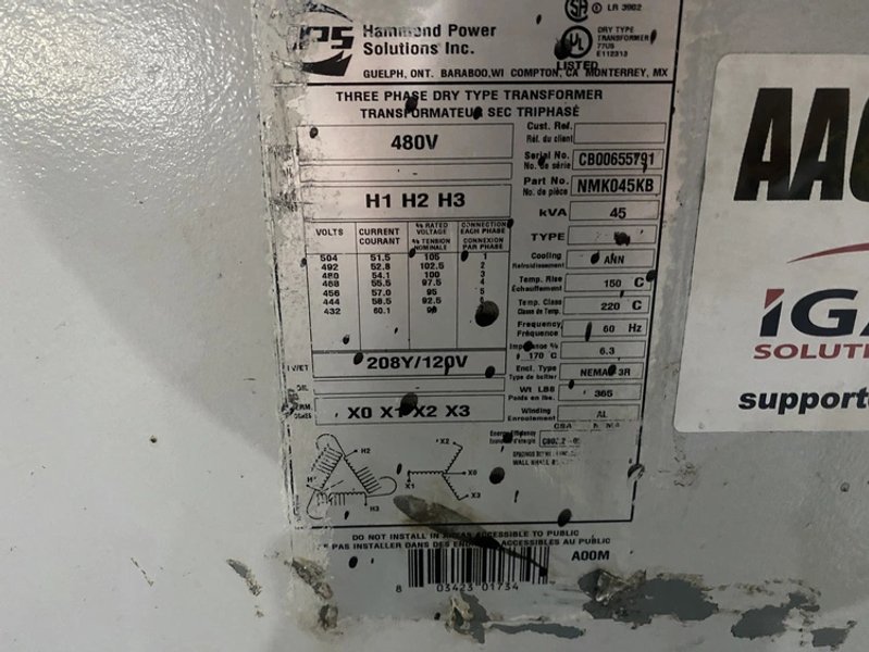 Hammond Power Solutions – NMK045KB Transformer 480V – 208Y/120V, 45kVA USED