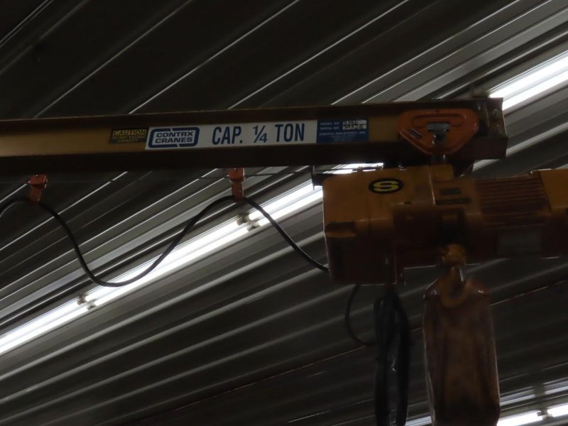 Overhead Hoist &amp; Crane Specialists Heavy Duty Steel Mold Table with Overhead Hoist System, Contrex Model B586 1/4 Ton Jib Cane w  2 Ton Electric Chain Hoist, I Beam, Trolley- Auction Item