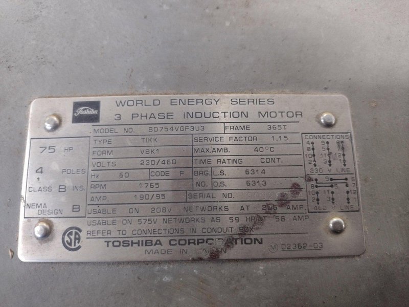75 HP TOSHIBA AC MOTOR, 365T FRAME, 230/460 VOLT, 1765 RPM: STOCK 16178