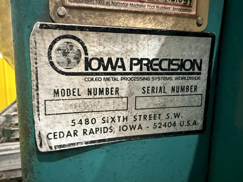 60" x 16 GAUGE IOWA PRECISION MODEL #GAF60-6 COIL SLEAR (SLITTING &amp; CUT-TO-LENGTH) LINE, WITH UNCOILERS &amp; SIDE PUNCHING / NOTCHING: YOBRO #24552