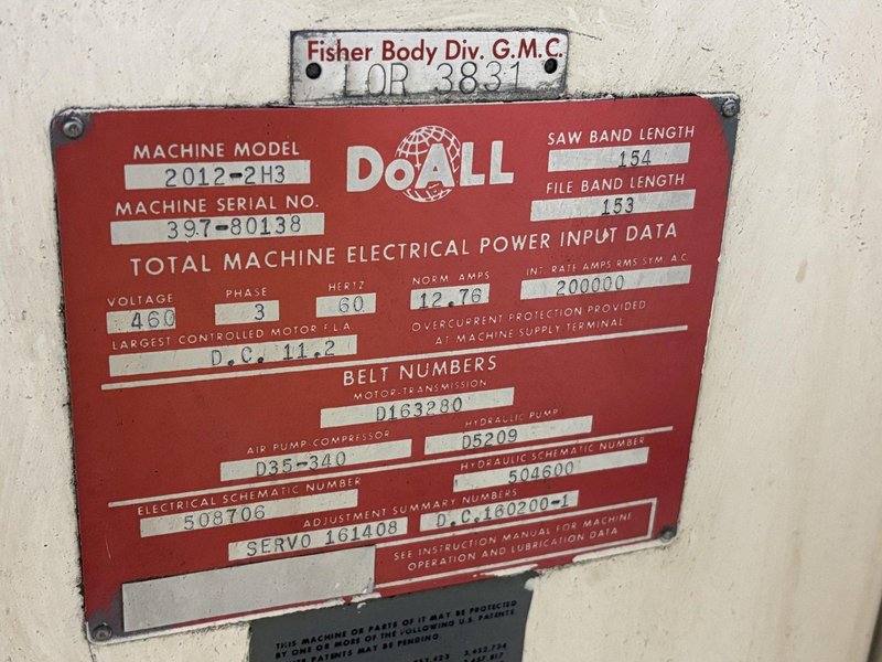 20" DOALL MODEL #2012-2H3 VERTICAL BANDSAW WITH POWER TABLE: STOCK #23564