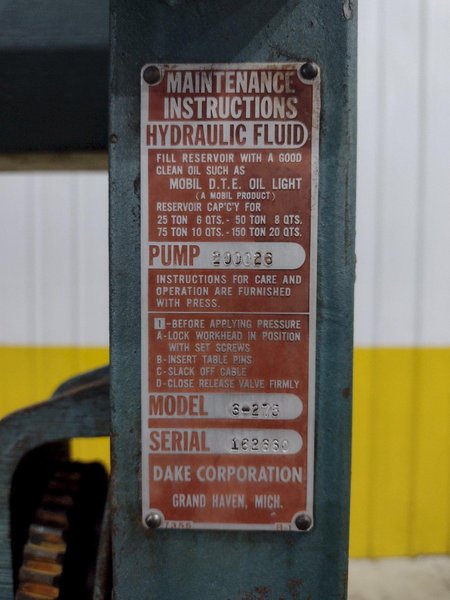 75 TON DAKE MODEL #6-275 AIR-HYDRAULIC H-FRAME PRESS: STOCK #23521