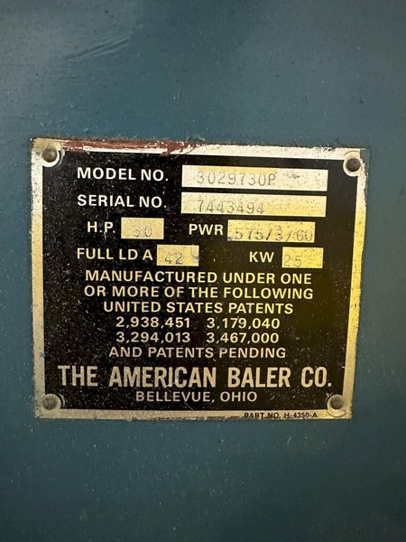 30" X 29" AMERICAN Model #3029730P HORIZONTAL AUTO TIE BALER : YOBRO 26346