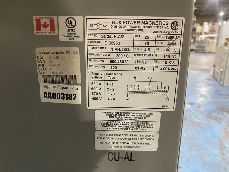 Rex Power Magnetics – SC25JH-A/Z Transformer 600/480V – 120V, 25kVA USED