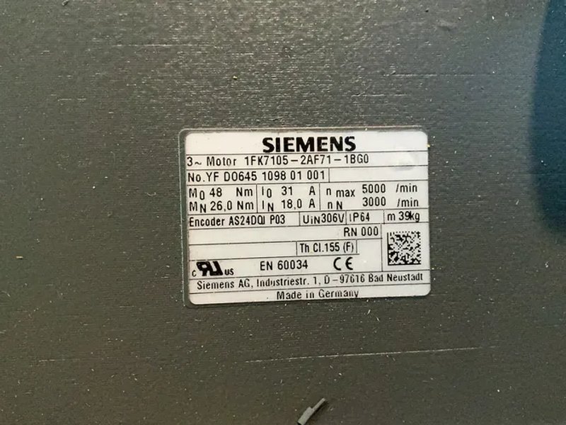 Siemens 5000 Rpm Servo Motor - 1fk7105-2af71-1bg0