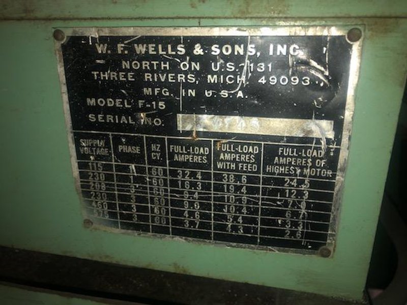 15" X 17" W. F. WELLS &amp; SONS INC F - 15 TWIN POST HORIZONTAL BAND SAW
