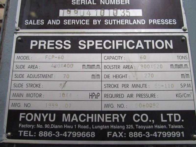 66 TON SUTHERLAND MODEL FCP-60 OBS GAP FRAME PRESS