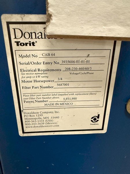 DONALDSON TORIT CAB64 DUST COLLECTOR WITH DRYFLO USED