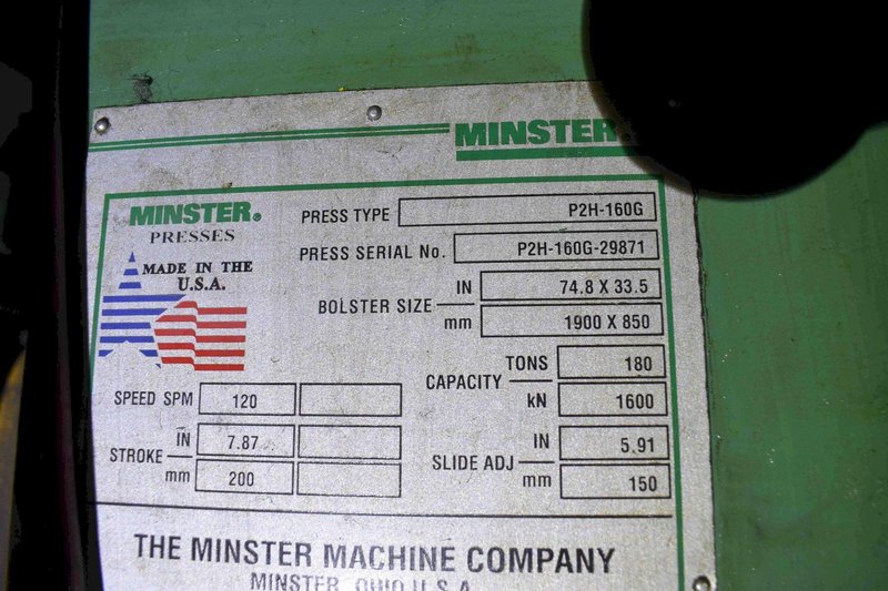 180 Ton Minster P2H-160G High Speed Straight Side Press, 74" x 34" BA, 7.87" STR, 5.9" ADJ, 19.68" SH, 0-120 SPM Vari