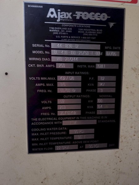 100 KW AJAX TOCCO "TOCCOTRAN" INDUCTION HARDENING SCANNER SYSTEM, NEW 2005: STOCK #17289