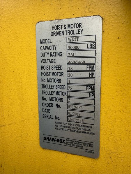 15 TON SHAW-BOX MODEL WD3T OVERHEAD CRANE HOIST, NEW 2019: YOBRO #25024