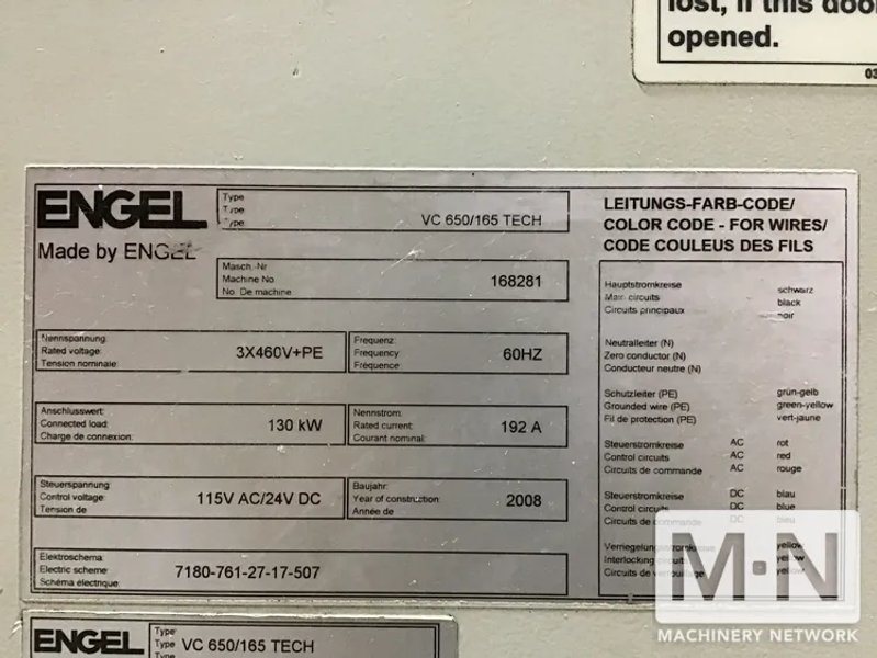 165 TON 8.2 OZ ENGEL MODEL VC650/165 TECH INJECTION MOLDING MACHINE MFG 2008