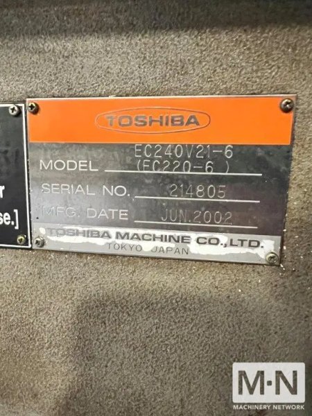 240 TON 10.7 OZ TOSHIBA MODEL EC240V21-6 INJECTION MOLDING MACHINE MFG 2002