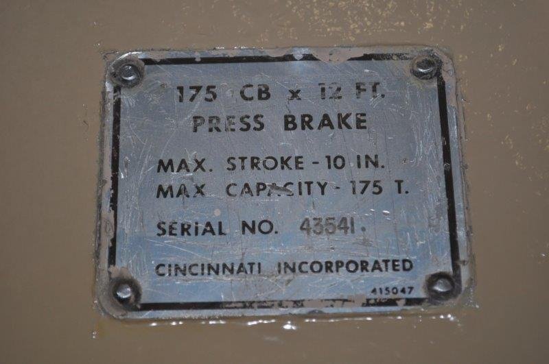 175 Ton x 12' Cincinnati Hydraulic Press Brake, Model 175CB x 12, Back Gauge