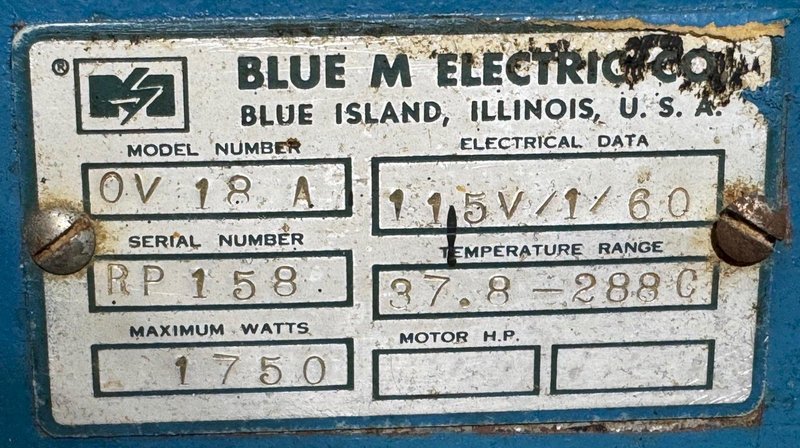 Blue M Electric Oven, Model OV-18A, 18" x 15" x 18" Deep, 550 Degrees F, 1 Phase
