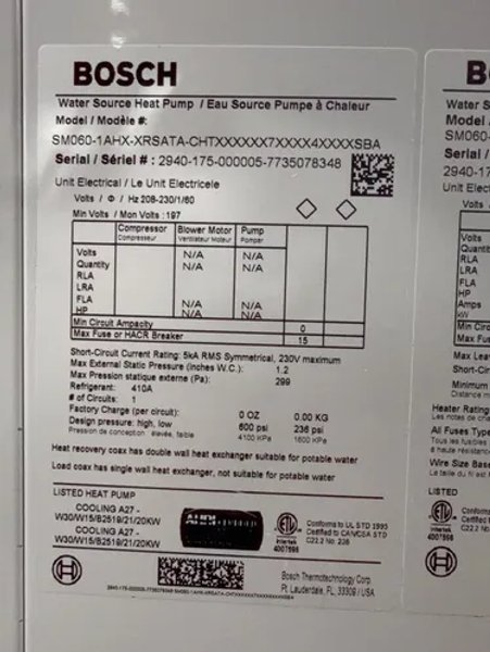 Bosch Water Source Heat Pump - Sm060-1ahx-xrsata-chtx