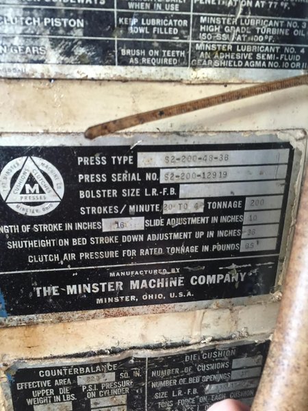 200 TON MINSTER STRAIGHT SIDE SINGLE CRANK