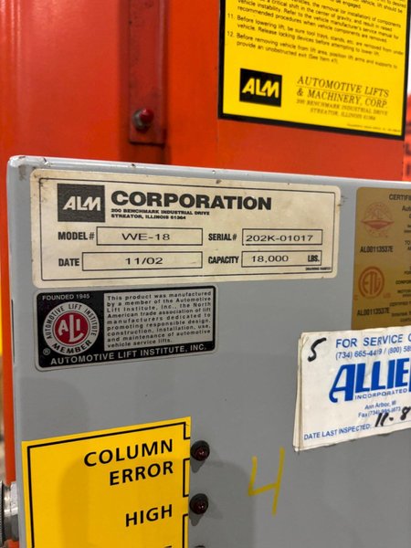 (6) 18,000 LB ALM MODEL #WE-18 HEAVY DUTY ELECTRIC MOBILE COLUMN LIFT AUTOMOTIVE JACKS: YOBRO #24551