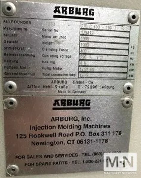 40 TON 2.3 OZ ARBURG MODEL 270C-400-100U LSR SILICONE INJECTION MOLDING MACHINE MFG 1999