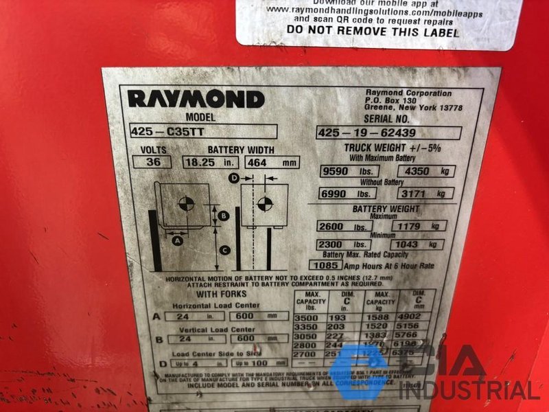 2019 - 3,500 LB. RAYMOND MODEL 425-C35TT STAND-UP ELECTRIC FORKLIFT