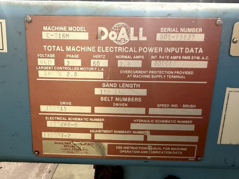 9" X 16" DOALL MODEL #C-916 HORIZONTAL BANDSAW: YOBRO #26045
