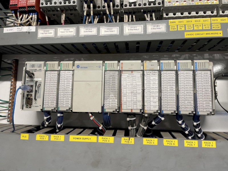 2008 Brock 14 x 19 semiautomatic molding machine model 1419mm, s/n au7063, Allen Bradley compact logic l32e plc controls with panel view, light curtain, bottom boards