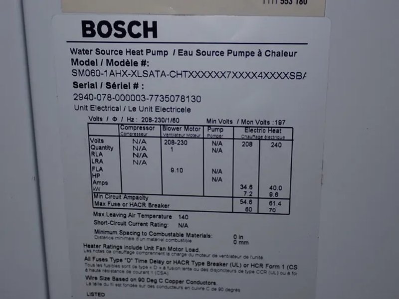 Bosch Water Source Heat Pump - Sm060-1ahx-xlsata-chtx