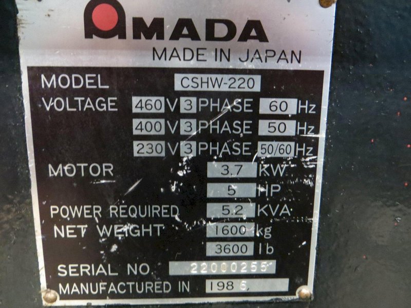 .236 x 8.66 x 8.66 Amada Hydraulic Power Notcher Model CSHW-220