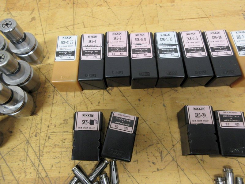 Nikken HSK32E Slim Chuck SK6 Tool Holders (18 pcs) with Various Size SK6 Collets- Auction Item