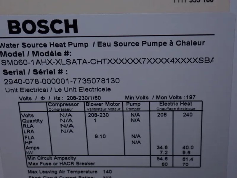 Bosch Water Source Heat Pump - Sm060-1ahx-xlsata-chtx