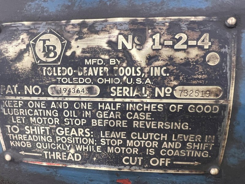 4" TOLEDO BEAVER MODEL #1-2-4 PIPE &amp; TUBE THREADER: STOCK 21684
