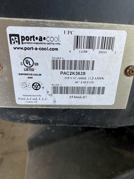 36" PORTACOOL PAC2K363S PORTABLE EVAPORATIVE COOLER. STOCK # 0846821
